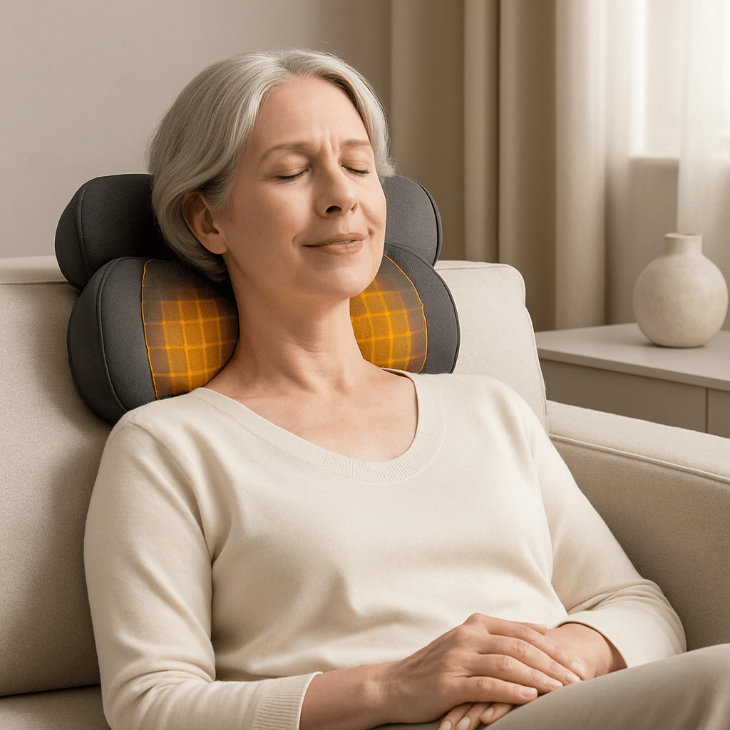 Coussin chauffant cervical SomniCerv™ Massage relaxant pour seniors Soulage tensions & améliore le sommeil