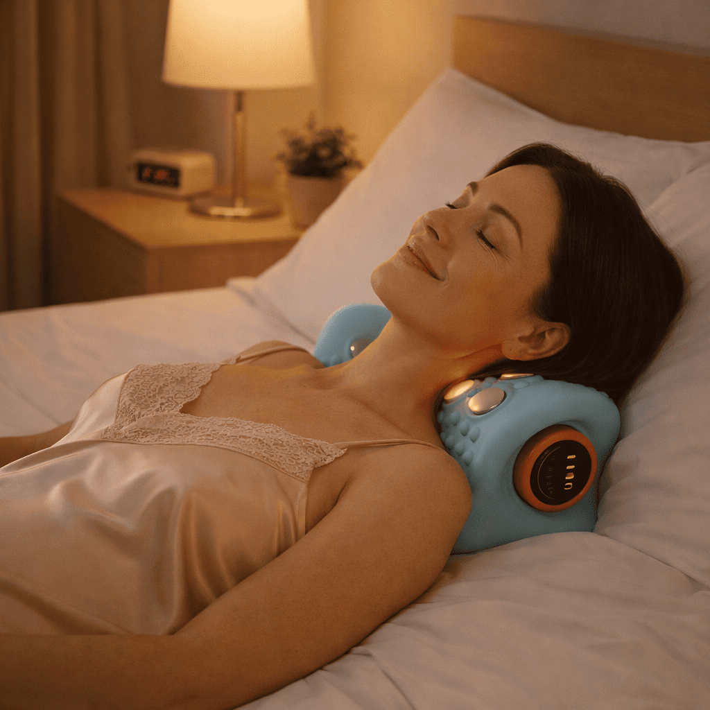 coussin chauffant cervicales femme detente soir