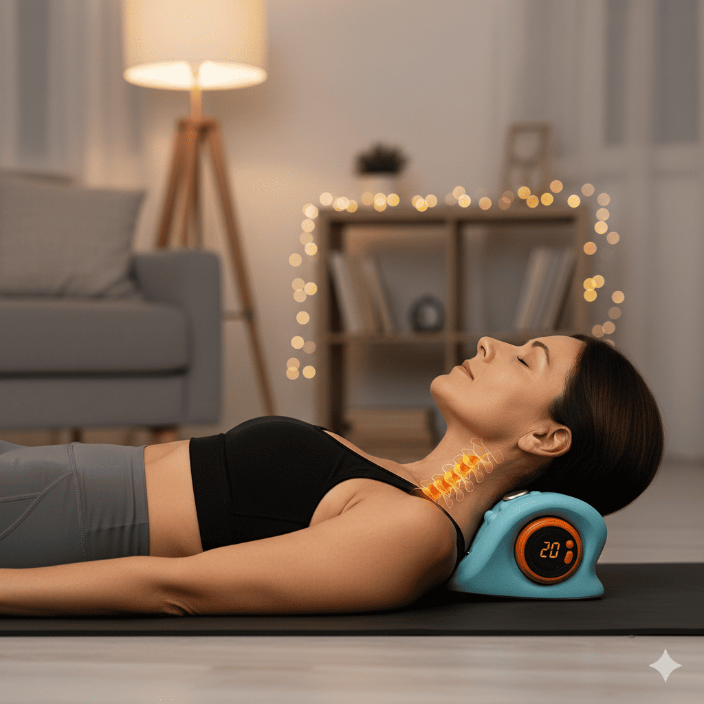 coussin chauffant cervicales femme detente au salon